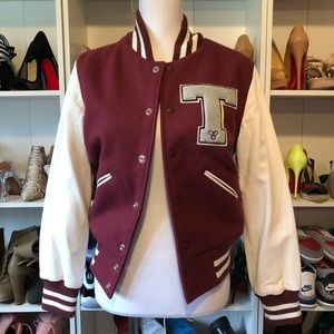 TNA varsity jacket burgundy white sz M